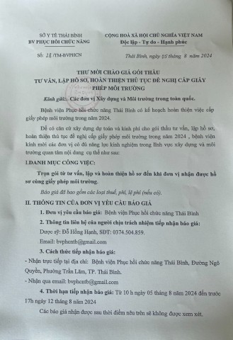 THƯ MỜI CHÀO GIÁ GÓI THẦU TƯ VẤN. LẬP HỒ SƠ, HOÀN THIỆN THỦ TỤC ĐỀ NGHỊ CẤP GIẤY PHÉP MÔI TRƯỜNG