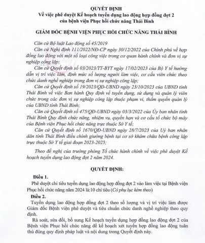 QUYẾT ĐỊNH VỀ VIỆC PHÊ DUYỆT KẾ HOẠCH TUYỂN DỤNG LAO ĐỘNG HỢP ĐỒNG ĐỢT 2 CỦA BỆNH VIỆN PHỤC HỒI CHỨC NĂNG THÁI BÌNH