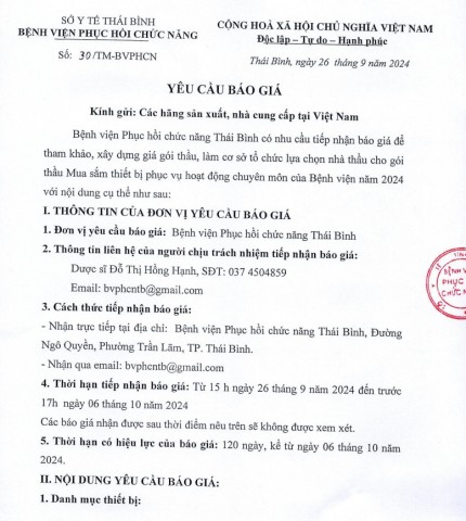 THƯ MỜI BÁO GIÁ MUA SẮM THIẾT BỊ PHỤC VỤ HOẠT ĐỘNG CHUYÊN MÔN CỦA BỆNH VIỆN NĂM 2024