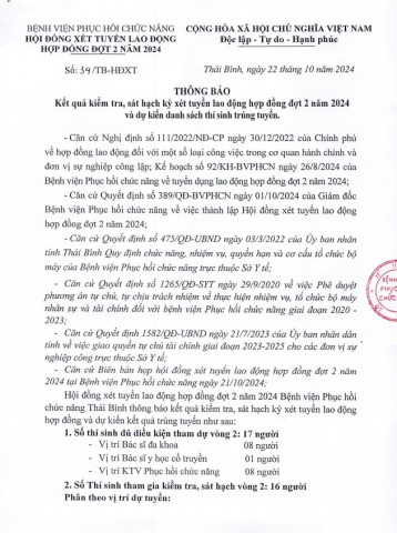 THÔNG BÁO KẾT QUẢ KIỂM TRA, SÁT HẠC KỲ XÉT TUYỂN LAO ĐỘNG HỢP ĐỒNG ĐỢT 2 NĂM 2024