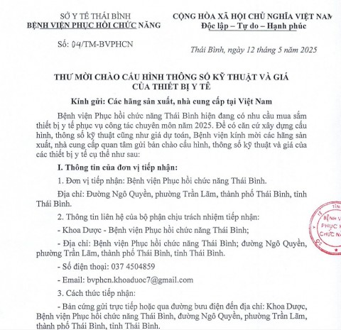 THƯ MỜI CHÀO CẤU HÌNH THÔNG SỐ KỸ THUẬT VÀ GIÁ CỦA TRANG THIẾT BỊ Y TẾ