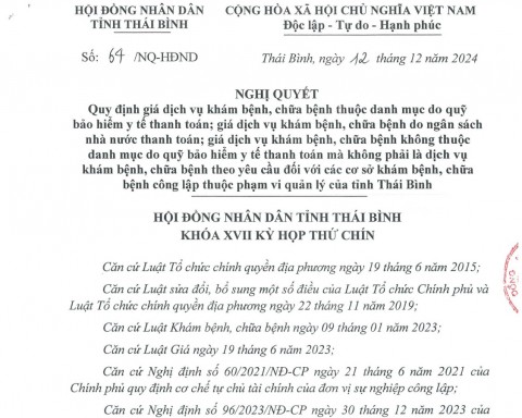 GIÁ DỊCH VỤ KHÁM BỆNH, CHỮA BỆNH ÁP DỤNG TẠI BỆNH VIỆN PHỤC HỒI CHỨC NĂNG: THEO NGHỊ QUYẾT SỐ 64/NQ-HĐND