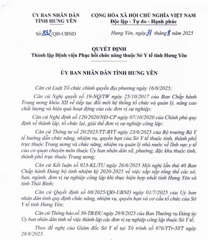 QUYẾT ĐỊNH THÀNH LẬP BỆNH VIỆN PHỤC HỒI CHỨC NĂNG THUỘC SỞ Y TẾ TỈNH HƯNG YÊN