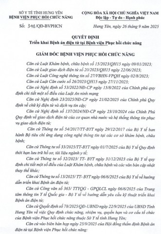 QUYẾT ĐỊNH TRIỂN KHAI BỆNH ÁN ĐIỆN TỬ TẠI BỆNH VIỆN PHỤC HỒI CHỨC NĂNG