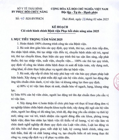 KẾ HOẠCH CẢI CÁCH HÀNH CHÍNH BỆNH VIỆN PHỤC HỒI CHỨC NĂNG NĂM 2025