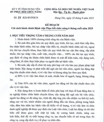KẾ HOẠCH CẢI CÁCH HÀNH CHÍNH BỆNH VIỆN PHỤC HỒI CHỨC NĂNG 6 THÁNG CUỐI NĂM 2025
