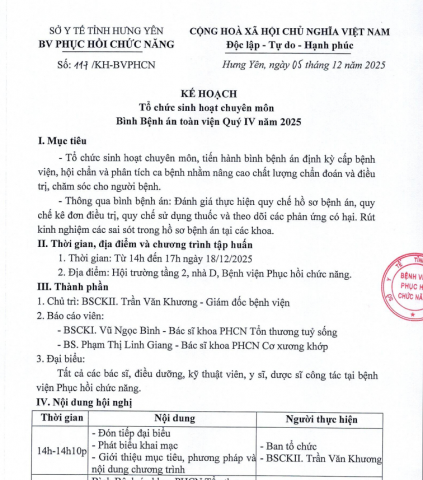KẾ HOẠCH: Tổ chức sinh  hoạt chuyên môn Bình Bệnh án toàn viện Quý IV năm 2025