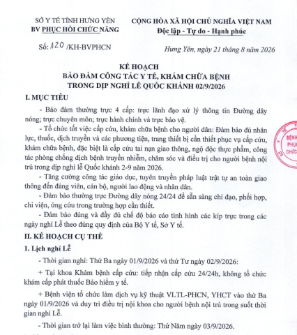 KẾ HOẠCH ĐẢM BẢO CÔNG TÁC Y TẾ, KHÁM CHỮA BỆNH TRONG DỊP NGHỈ LỄ QUỐC KHÁNH 02/9/2026
