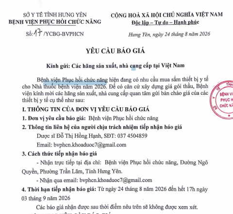 YÊU CẦU BÁO GIÁ: Bệnh viện Phục hồi chức năng hiện đang có nhu cầu mua sắm thiết bị y tế cho nhà thuốc bệnh viện năm 2026