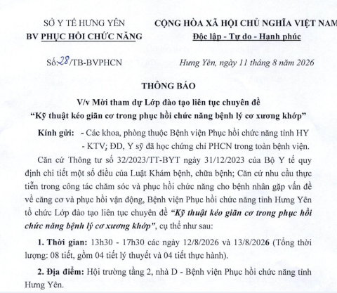 THÔNG BÁO: Mời tham dự lớp đào tạo liên tục chuyên đề "Kỹ thuật kéo giãn cơ trong phục hồi chức năng bệnh lý cơ xương khớp"