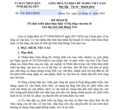 KẾ HOẠCH TỔ CHỨC TRIỂN KHAI THỰC HIỆN VỀ HẠ TẦNG VĂN HOÁ SỐ TRÊN ĐỊA BÀN TỈNH HƯNG YÊN