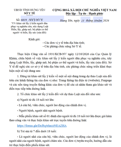 KHẢO SÁT LẤY Ý KIẾN NGƯỜI DÂN PHỤC VỤ NGHIÊN CỨU,  XÂY DỰNG LUẬT HIẾN, LẤY,  GHÉP MÔ, BỘ PHẬN CƠ THỂ NGƯỜI VÀ HIẾN LẤY XÁC