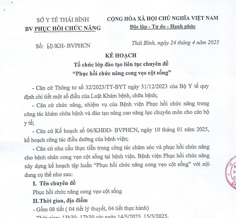 TỔ CHỨC LỚP ĐÀO TẠO LIÊN TỤC CHUYÊN ĐỀ " PHỤC HỒI CHỨC NĂNG CONG VẸO CỘT SỐNG"