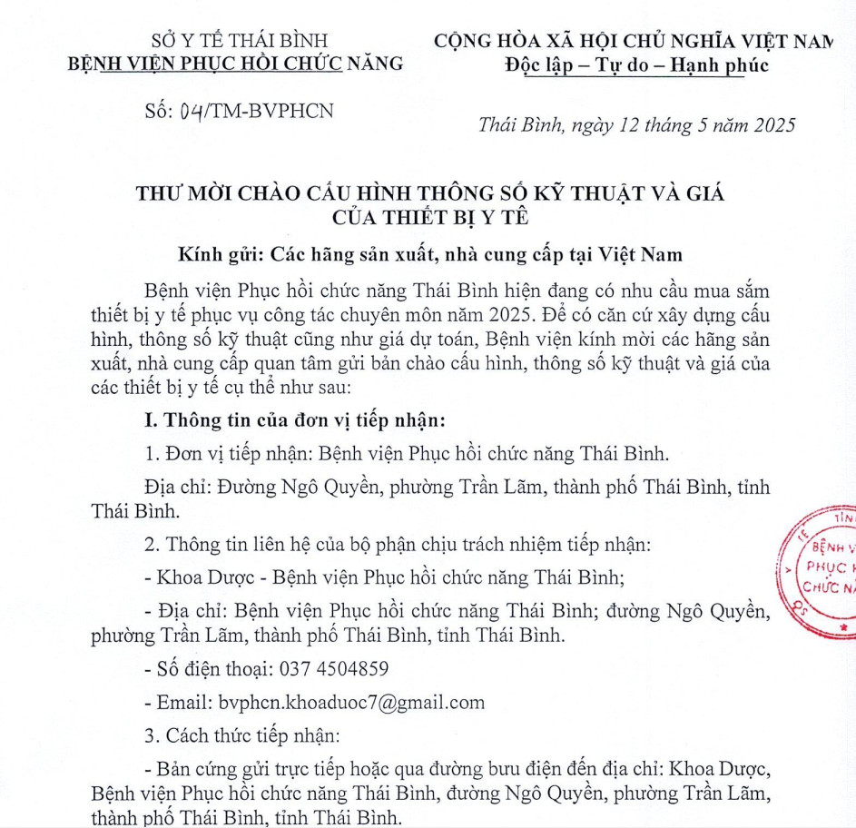 THƯ MỜI CHÀO CẤU HÌNH THÔNG SỐ KỸ THUẬT VÀ GIÁ CỦA TRANG THIẾT BỊ Y TẾ
