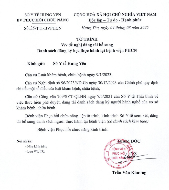 DANH SÁCH ĐĂNG KÝ HỌC THỰC HÀNH TẠI BỆNH VIỆN PHỤC HỒI CHỨC NĂNG