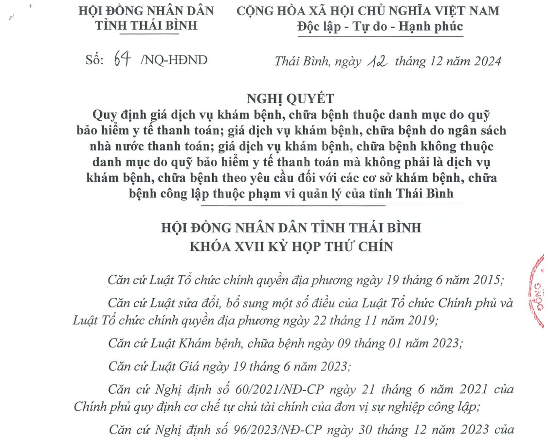 GIÁ DỊCH VỤ KHÁM BỆNH, CHỮA BỆNH ÁP DỤNG TẠI BỆNH VIỆN PHỤC HỒI CHỨC NĂNG: THEO NGHỊ QUYẾT SỐ 64/NQ-HĐND
