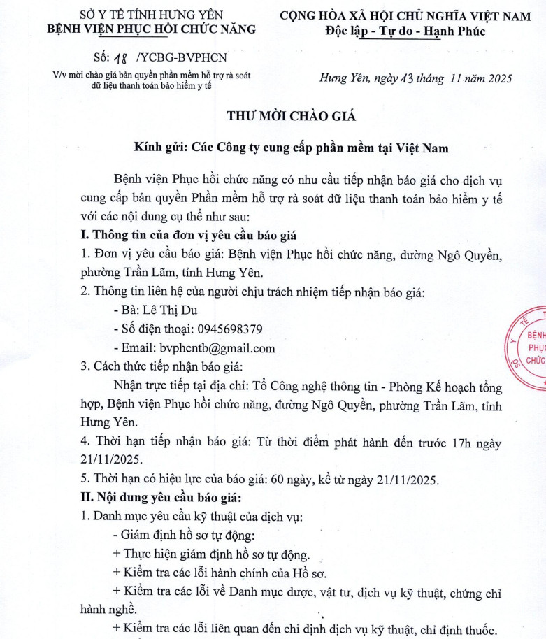 THƯ MỜI BÁO GIÁ CHO DỊCH VỤ CUNG CẤP BẢN QUYỀN PHẦN MỀM HỖ TRỢ RÀ SOÁT DỮ LIỆU THANH TOÁN BẢO HIỂM Y TẾ