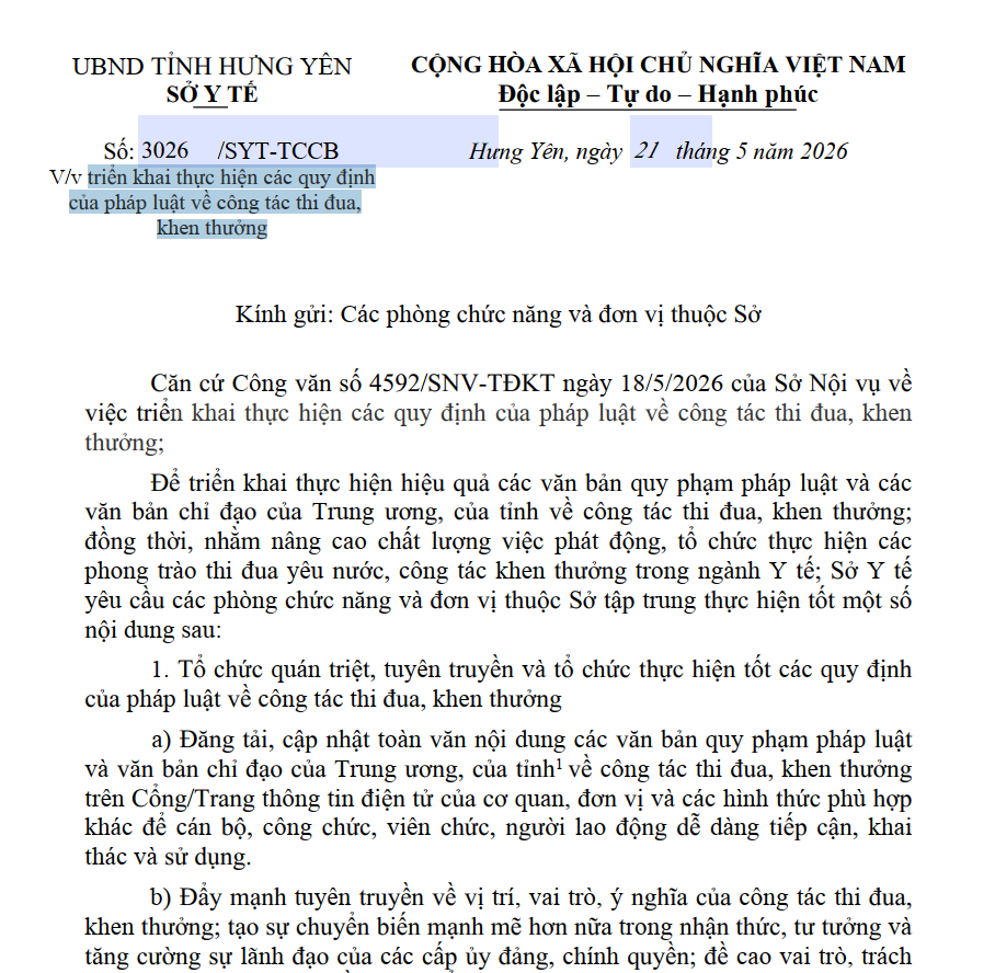 Triển khai các văn bản quy phạm pháp luật và các văn bản chỉ đạo của Trung ương, của tỉnh về công tác thi đua khen thưởng