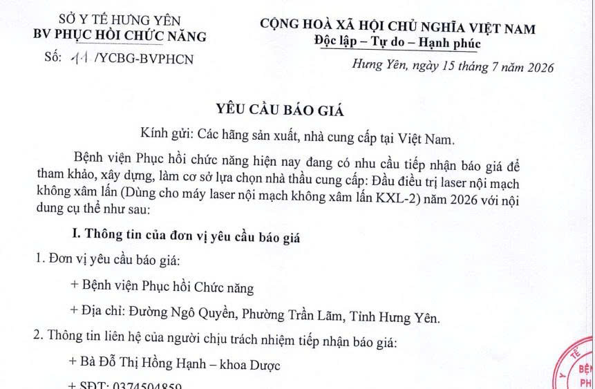 Yêu cầu báo giá đầu điều trị laser nội mạch không xâm lấn