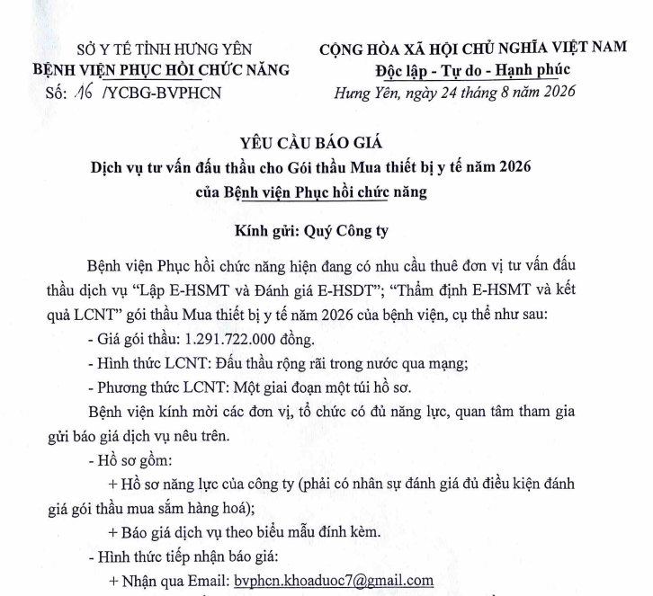 YÊU CẦU BÁO GIÁ